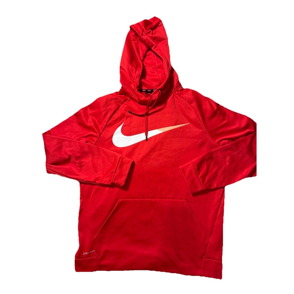 Nike Dri-Fit Hoodie Red White Swoosh Pullover Men's Sz Large Athletic Sweatshirt